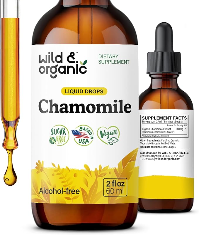 Wild &amp Organic Chamomile Tincture - Relaxing &amp Calming Chamomile Supplement - Liquid Flower Extract Drops - Vegan Sugar &amp Alcohol-Free - 2 fl oz