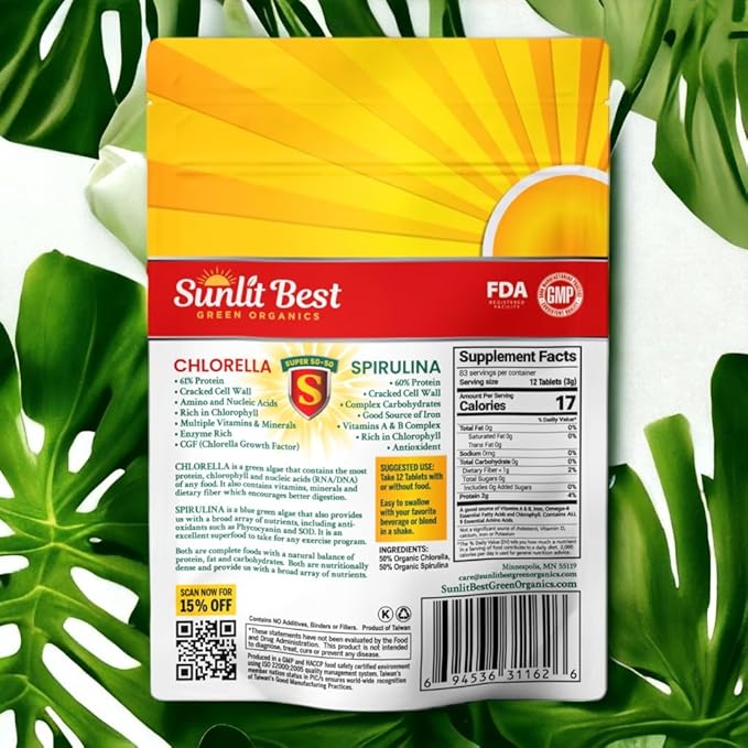 Sunlit Super 50/50 Organic Chlorella Spirulina Tablets - Super Greens Supplement for Immune Support Gut Health Mood &amp Energy - Rich in Chlorophyll Amino Acids &amp Vegan Protein 1000 Superfoo