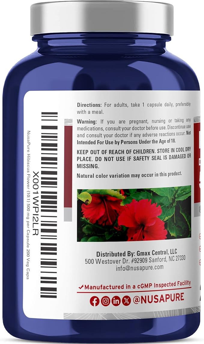 NusaPure Hibiscus Flower Capsules 500 mg 200 Veg Capsules (Non-GMO Vegan)