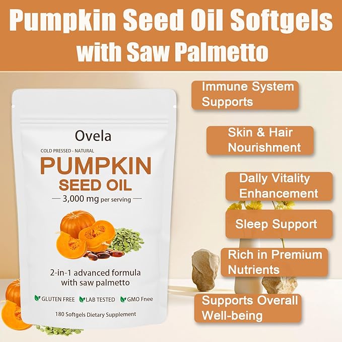 Ovela Pumpkin Seed Oil Capsules with Saw Palmetto Organic Pumpkin Seeds Oil Supplement for Hair Growth Heart Skin Elasticity Cold-Pressed | Non-GMO | Gluten Free | 180 Softgels (1)