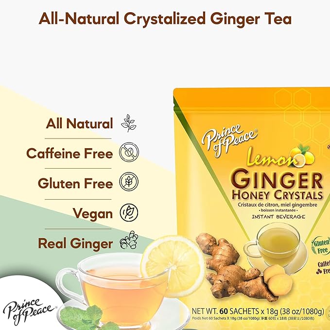 Prince of Peace Instant Ginger Honey Crystals with Lemon 60 Sachets – Instant Hot or Cold Beverage – Easy to Brew – Drink Like a Tea – Caffeine and Gluten Free – Real Ginger