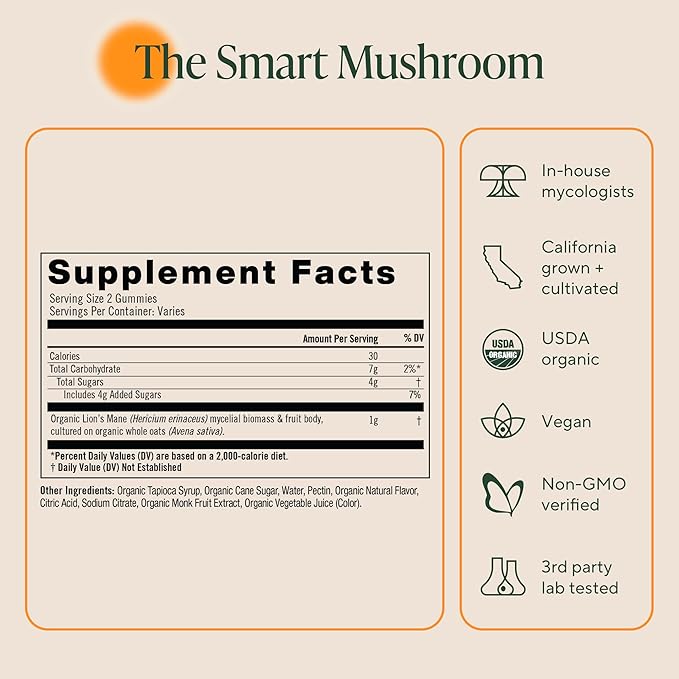 OM MUSHROOM SUPERFOOD Lion’s Mane Mushroom Gummies – USA Grown Organic Lion’s Mane – Supports Memory Focus &amp Cognitive Health – Strawberry Flavor – 30 Servings 60 Count.
