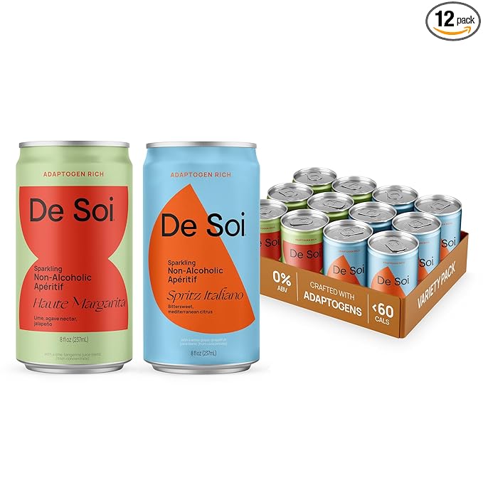 De Soi Happy Hour Duo Mocktails NA Drinks 12 pack - Adaptogen Drink Sparkling Drink with Calming Botanicals Mocktail Drinks Gluten Free No Artificial Flavors - (Haute Margarita + Spritz Italiano)