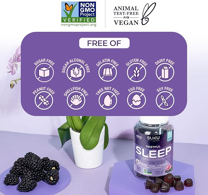 SUKU Restful Sleep Gummies – 3 mg Melatonin L-Theanine &amp GABA – Vegan Sugar-Free Chewable for Relaxation &amp Natural Sleep Support – BlackBerry-Hibiscus Flavor – Non-GMO Gluten-Free – 50 Coun