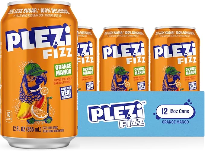 PLEZi FiZZ Orange Mango &amp Cherry Limeade Sparkling Juice Bundle – No Added Sugar Low Sugar Soda Alternative with Real Fruit Juice &amp Fiber – 12 Fl Oz (24 Cans Total)