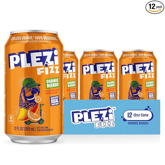 PLEZi FiZZ Orange Mango Sparkling Juice - Healthy Soda Alternative with Real Fruit Juice No Added Sugar - Low Sugar Sparkling Drink - Good Source of Fiber 12 Fl Oz (12 Pack)