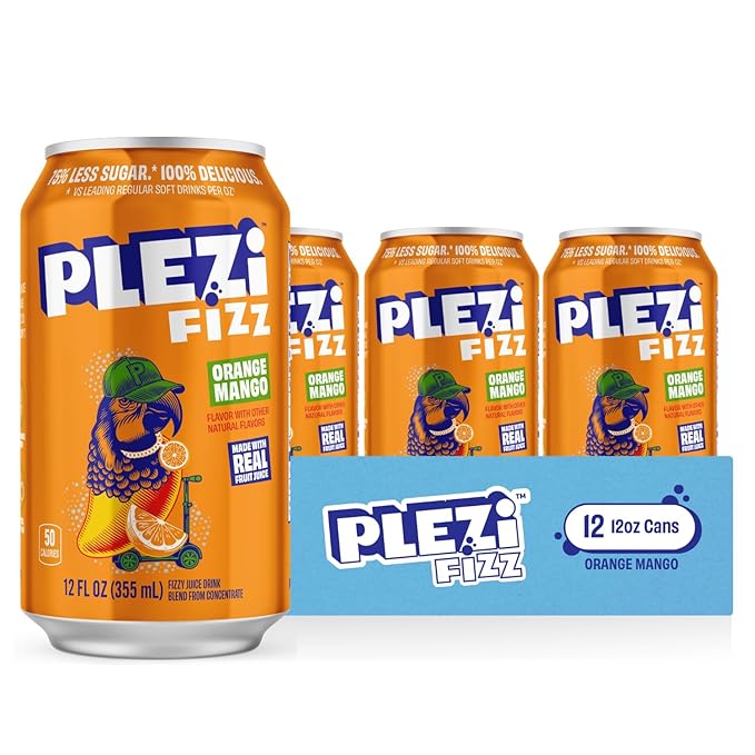 PLEZi FiZZ Stawberry Lemonade &amp Orange Mango Sparkling Juice Bundle – No Added Sugar Low Sugar Soda Alternative with Real Fruit Juice &amp Fiber – 12 Fl Oz (24 Cans Total)