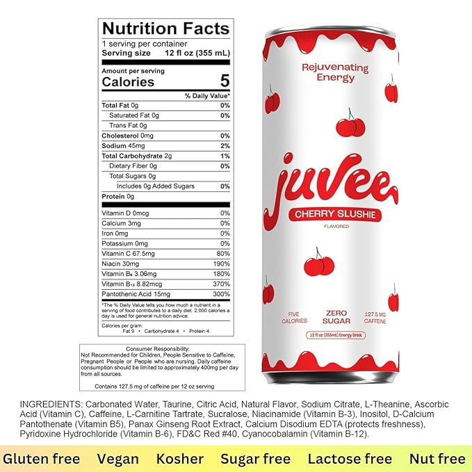 Juvee Rejuvenating Energy Drink Bundle – Blue Raspberry &amp Cherry Slushie 12 oz Cans Pack of 12 Each – Sugar Free 128 mg Natural Caffeine per Can Zero Sugar Low Calorie Clean Energy &amp Men