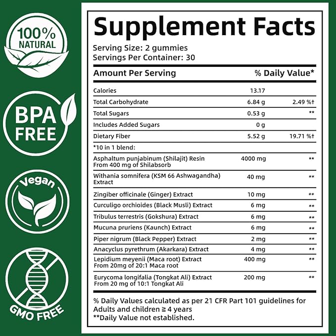 10-in-1 True Alpha Shilajit Gummies 4000mg Himalayan Alpha Gummies for Men Energy Boost Immune Support with Ashwagandha Maca Root Tongkat Ali Fulvic Acid 85+Trace Mineral No Added Sugar 60ct
