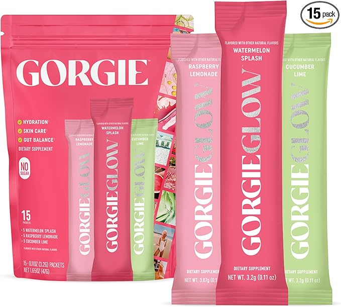 GORGIE Glow Variety Pack 15 Sticks Electrolyte Powder Healthy Drink Mix w/Hyaluronic Acid Aquamin Vitamin C &amp D Probiotics No Sugar Antioxidants for Hydration Skin Care and Gut Balance
