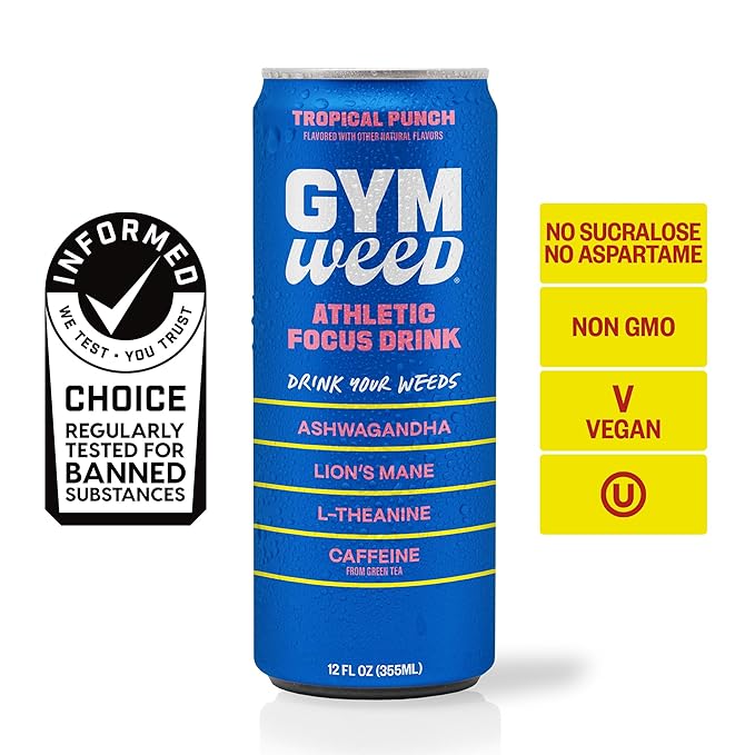 GYM WEED Athletic Focus Drink with KSM-66 Ashwagandha Lion's Mane Mushroom L-Theanine 200mg Green Tea Caffeine with Natural Sweeteners Tropical Punch Flavor 12 Pack