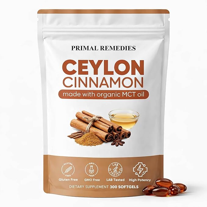 Primal Remedies Ceylon Cinnamon - 300 Softgels with MCT Oil Highly Bioavailable Non-GMO Gluten Free Vegan Capsules for Blood Sugar &amp Metabolism Support (1)