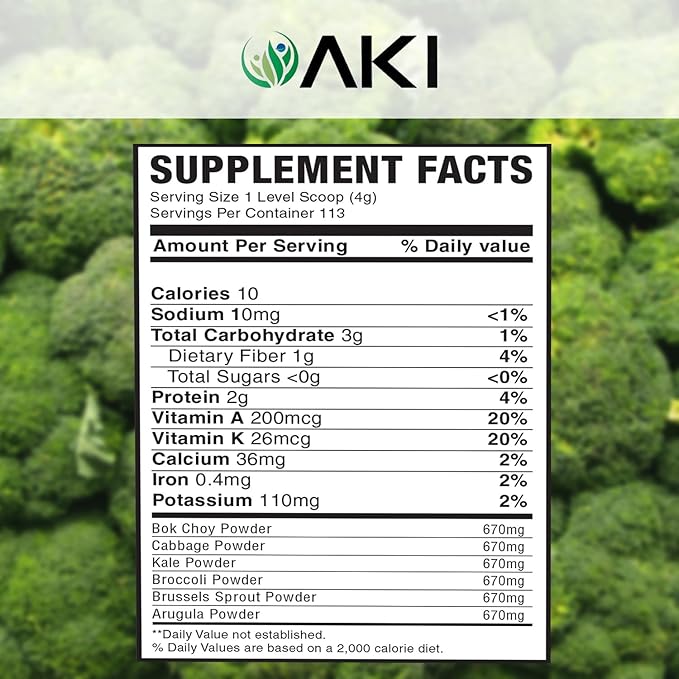 AKI Cruciferous Superfood Green Mix Powder - Made from Kale Broccoli Brussels Sprouts Cabbage - Packed with Essential Phytonutrients &amp Vitamins ((16oz/454g))
