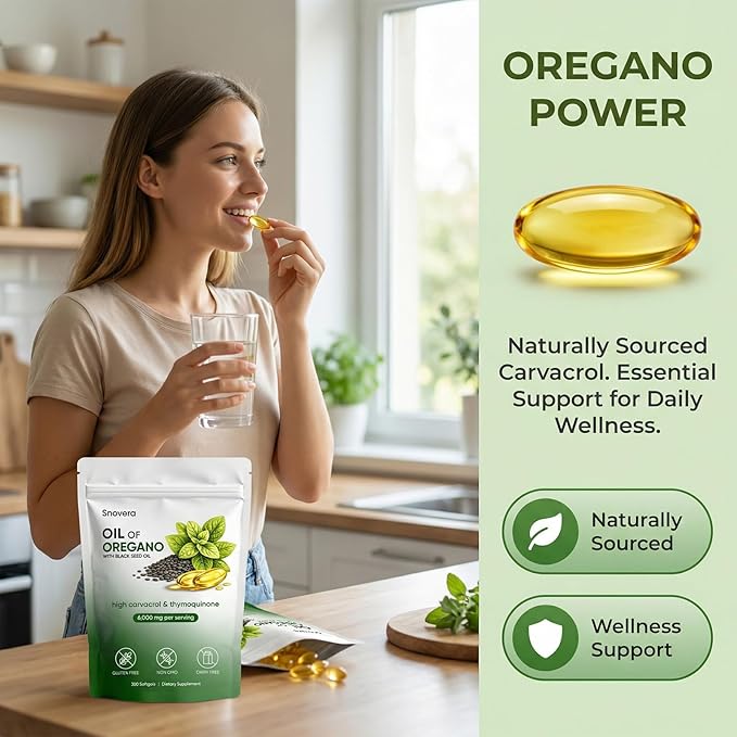 Snovera Oil of Oregano 2 in 1 Organic Oil of Oregano with Black Seed Oil for Immune Digestive Support Gut Comfort 6000mg Per Serving Plant Based Non-GMO 300 Softgels