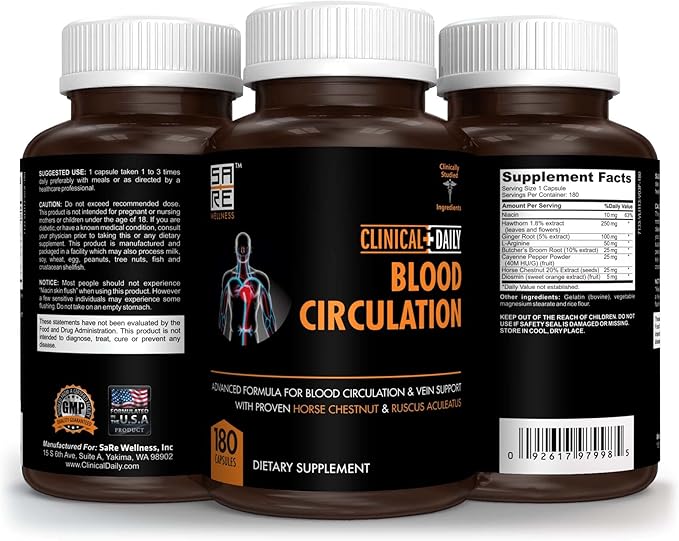 Clinical Daily Blood Circulation Supplements. Butchers Broom Horse Chestnut Hawthorn Cayenne Arginine Diosmin Varicose Veins Treatment for Legs. Poor Circulation and Vein Support. 180 Capsules.