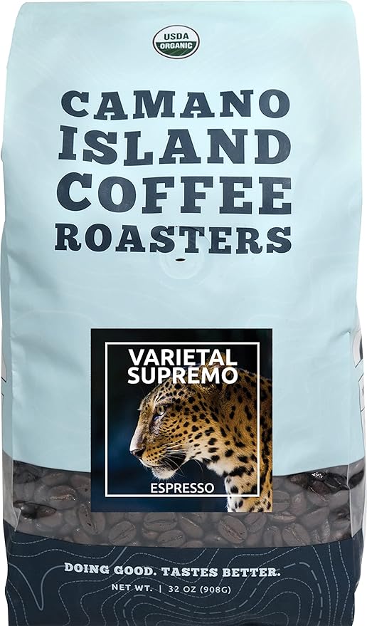 Camano Island Coffee Roasters Varietal Supremo Espresso Blend Ground 2lb Fresh Dark Roast USDA Organic Fairly Traded Shade Grown Arabica Chocolate Caramel Hint of Spice Flavor Profile