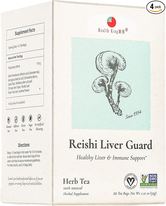 Health King Reishi Liver Guard Herb Tea Teabags 20-Count Box (Pack of 4)