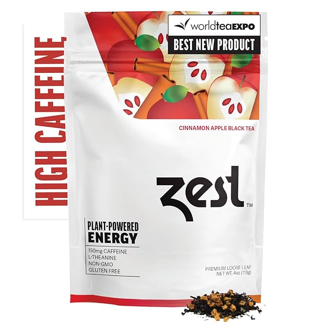 Zest Energy Tea - Cinnamon Apple Spice High Caffeine Black Tea Loose Leaf Blend - Caffeinated Coffee Altnernative/Substitute - Natural Non-GMO &amp Keto Friendly - Hot or Iced - 50 Servings - 150mg