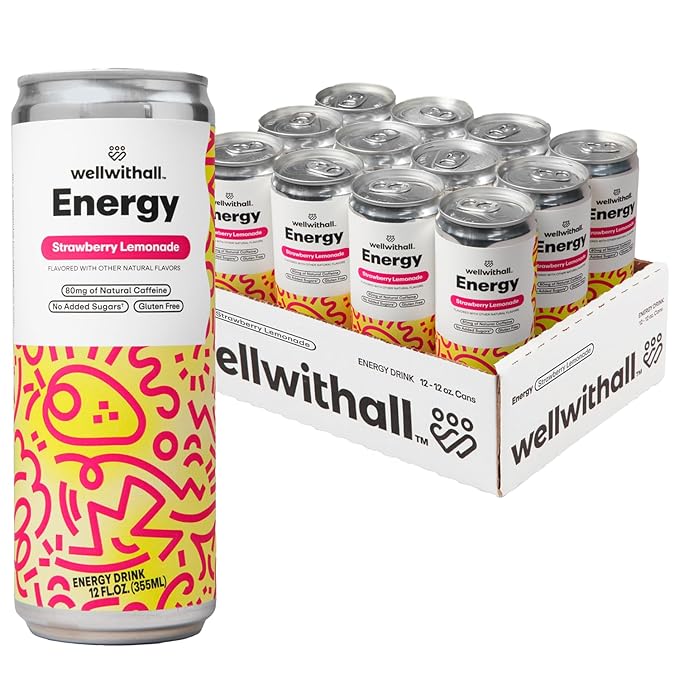 WellWithAll Strawberry Lemonade Energy Drink – Caffeine from Tea – With Vitamin C – Lightly Sparkling Beverage – Fruit &amp Veggie Juice Blend – 12 Oz (Pack of 12)