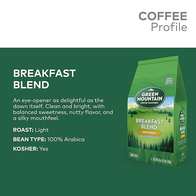 Green Mountain Coffee Roasters Breakfast Blend Whole Bean Coffee Bagged 18 oz (Pack of 2)