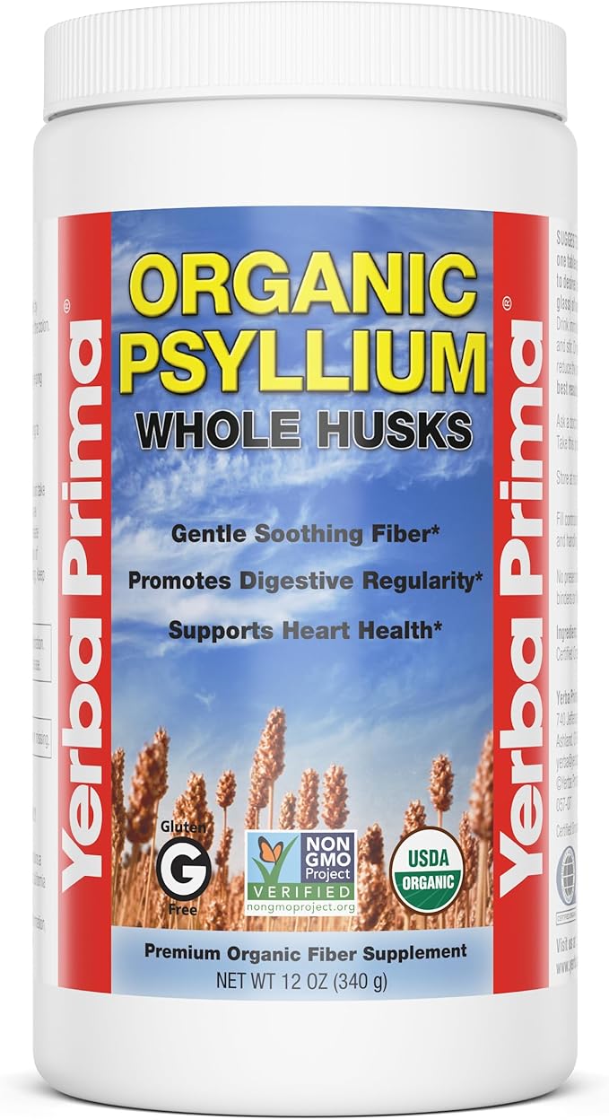 Yerba Prima Organic Psyllium Whole Husks 12 Ounce Fiber Supplement Non GMO Certified Organic