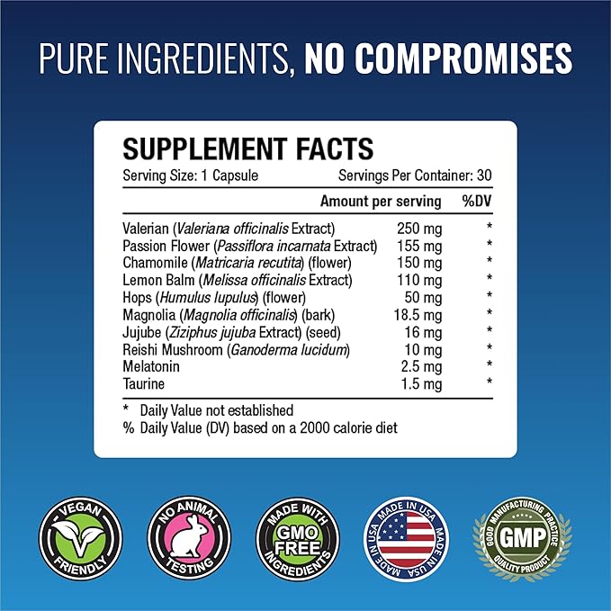 Approved Science Anxietex Night - Ease Worry and Discontent Sleep Well - Valerian Passion Flower Chamomile - 30 Capsules - Vegan Supplement - Made in The USA