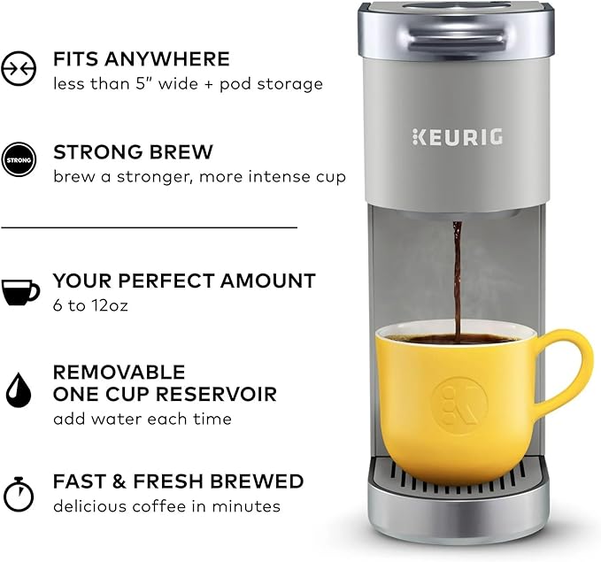 Keurig K-Mini Plus Single Serve Coffee Maker – Slim 5-Inch Design 6–12oz Brew Size Pod Storage &amp Cord Wrap – Gray (Renewed)