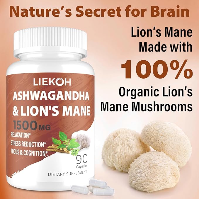 Ashwagandha &amp Lions Mane Supplement Capsules Brain Supplements for Memory and Focus Ashwagandha Supplement with Rhodiola &amp Black Peppe Cortisol Supplements for Women &amp Men90 Caps