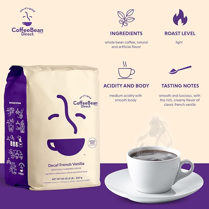 Coffee Bean Direct Decaf French Vanilla Flavored Whole Bean Coffee 5 Pound Bag (Pack of 1)