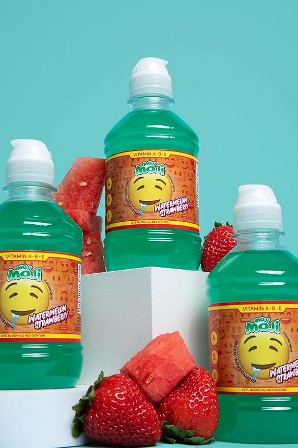 MOJI-MOJI Kids Vitamin Drink – with Vitamins A B &amp E Fun Emoji Bottles 4 Flavors Sports Cap Spill-Resistant 10.1 Fl Oz Pack of 24 (10.1 Fl Oz Watermelon Strawberry)