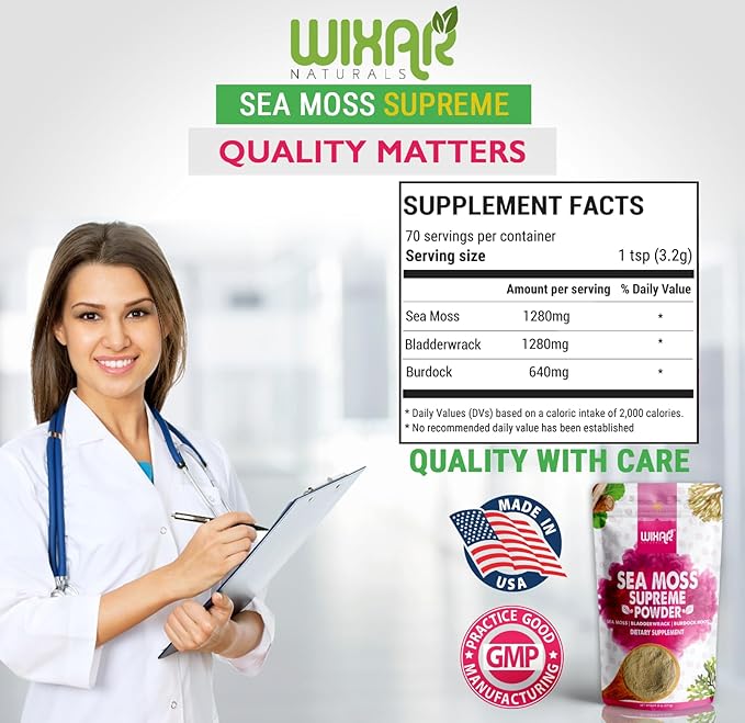 Wixar Wildcrafted Sea Moss Powder – (8 Ounces) – Natural Irish Sea Moss and Bladderwrack with Burdock Powder - Thyroid Support Healthy Skin Keto Detox Joint Support Alkaline Supplements