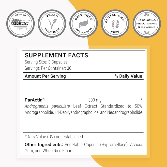 Supersmart - ParActin Supplement 300mg per Day (High Strength) - Andrographis Paniculata | Non-GMO &amp Gluten Free - 90 Vegetarian Capsules