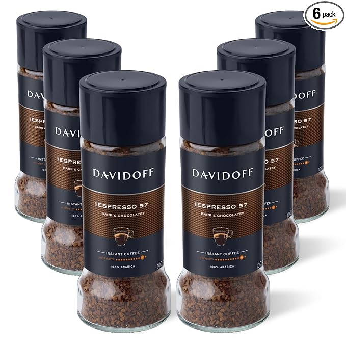 DAVIDOFF Espresso 57 Instant Coffee - Dark and Chocolatey - Intense Roast with a Smooth Aroma - 100% Arabica Beans - 11/12 Intensity. 12/12 Roasting. 6/12 Acidity - 6 x 3.52 oz