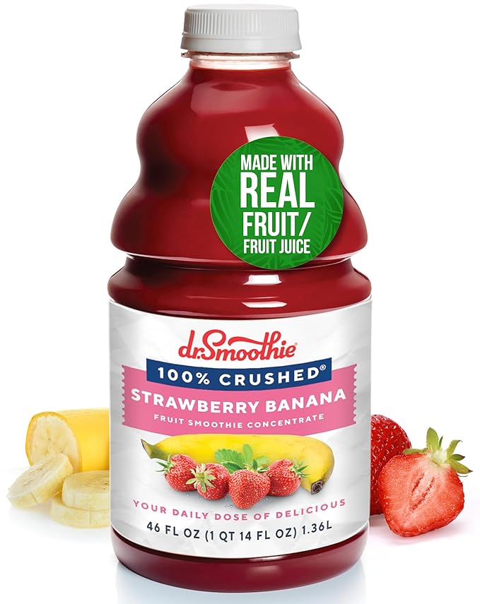 Dr. Smoothie 100% Crushed Strawberry Banana – No Added Sugar Made with Real Fruits/Fruit Juice – Vegan No Artificial Colors or Flavors – Juicy Strawberries &amp Creamy Banana – 46 oz Bottle