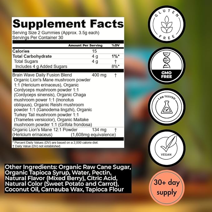 Superfood Mushroom Gummies | Delicious Daily Multi Lions Mane Mushroom Gummy Supplement 2008 mg | Reishi Mushroom + Cordyceps + Turkey Tail + Chaga + Maitake | Mushroom Gummies for Focus and Energy