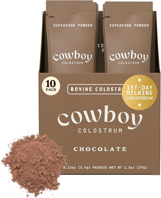 Cowboy - The Exclusive 1st Milking Whole Grass Fed Colostrum Supplement for Full Body Health - Bovine Colostrum Powder Packed w/Bioactive Nutrients (10 Travel Packs - Chocolate)