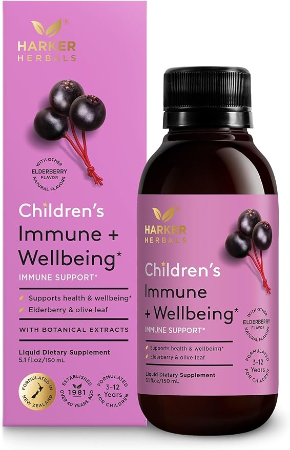 Children's Immune + Wellbeing Herbal Syrup Daily Immunity with Elderberry Echinacea &amp Olive Leaf High Absorption Elderberry Flavor Plant-Based - 5.1 Fl oz (30 Servings)