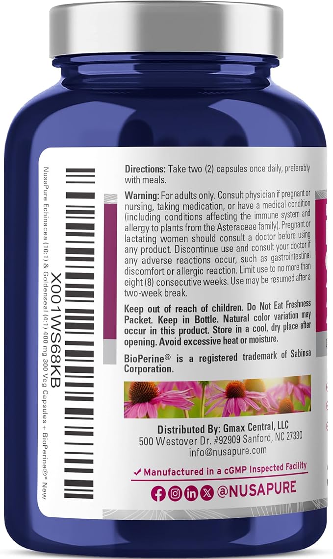 NusaPure Echinacea Goldenseal 200mg (Extract 10:1 Equivalent to 2000mg) 200mg (Extract 4:1 Equivalent to 800mg) - 2800mg 300 Veggie Caps (Vegetarian Non-GMO Vegan)