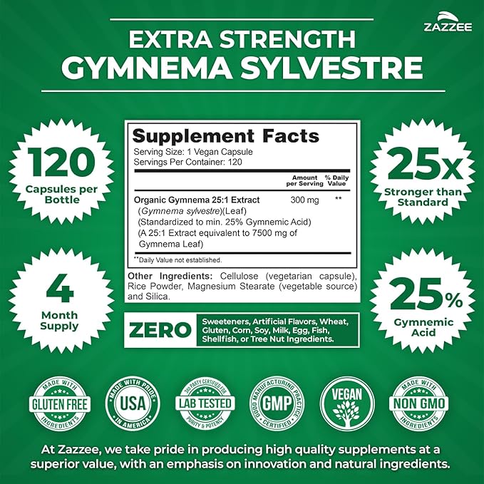 Zazzee USDA Organic Gymnema Sylvestre 25:1 Extract 25% Gymnemic Acid 120 Vegan Capsules 4 Month Supply All-Natural Botanical Support Concentrated 25X Extract Non-GMO Made in the USA