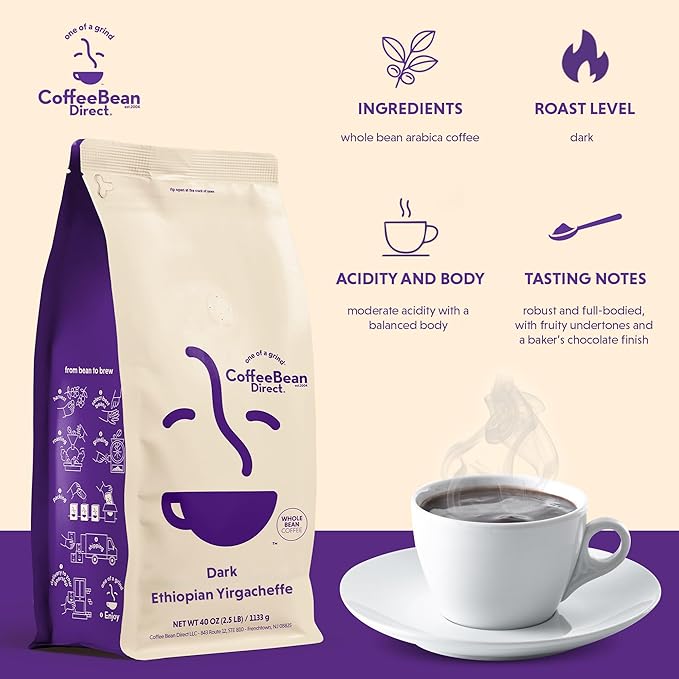 Coffee Bean Direct Dark Ethiopian Yirgacheffe Whole Bean Coffee Arabica Coffee Dark Roast 2.5 Pound Bag (Pack of 1)
