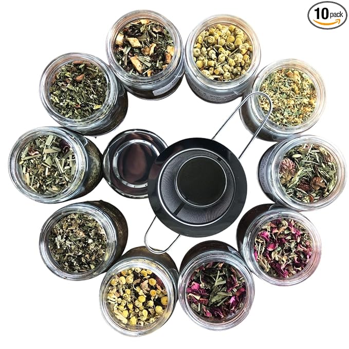Smoke Camp Crafts Loose Leaf Herbal Tea Gift Set with Stainless Steel Infuser 10 Unique Flavors Handcrafted USDA Organic Tisane Tea Sampler Pack of 10 Jars