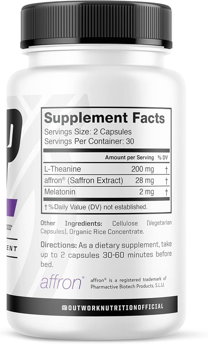 Outwork Nutrition Sleep Aid - Natural Melatonin L-Theanine Saffron Extract - Sleep Supplements for Adults - Boosts Sleep Quality &amp Time Enhances Positive Mood - 60 Veg Capsules (Not Gummies)