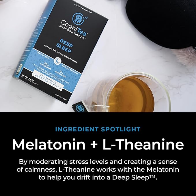 CogniTea Deep Sleep Tea 2mg Melatonin and 50mg L-Theanine for Deep Sleep with Valerian Chamomile Lemon Balm and Passion flower Extra Strength Sleepy for Night Time Rest and Relaxation