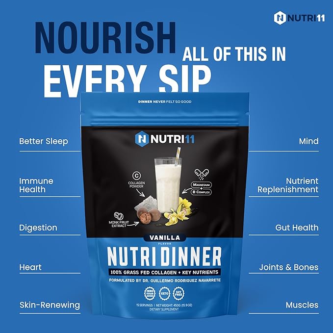 NutriDinner by Nutrillermo | Grass-Fed Collagen Protein Powder | Collagen with Magnesium B-Vitamins | Collagen Supplement for Sleep and Recovery (149 Vanilla)