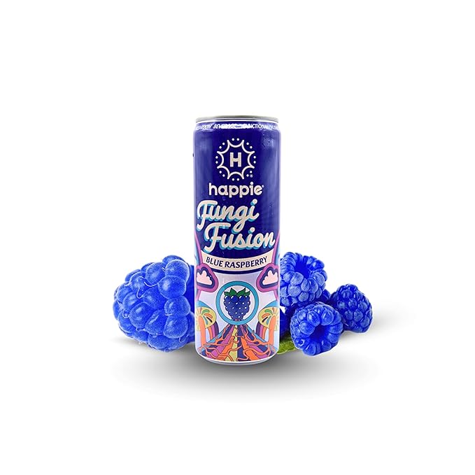 Happie Fungi Fusion Blue Raspberry – Sparkling Adaptogen Drink with Lion’s Mane Cordyceps &amp Red Reishi – Plant-Based Nootropic 40 Calorie Agave Nectar Vegan Wellness Soda Alternative (12 pack)