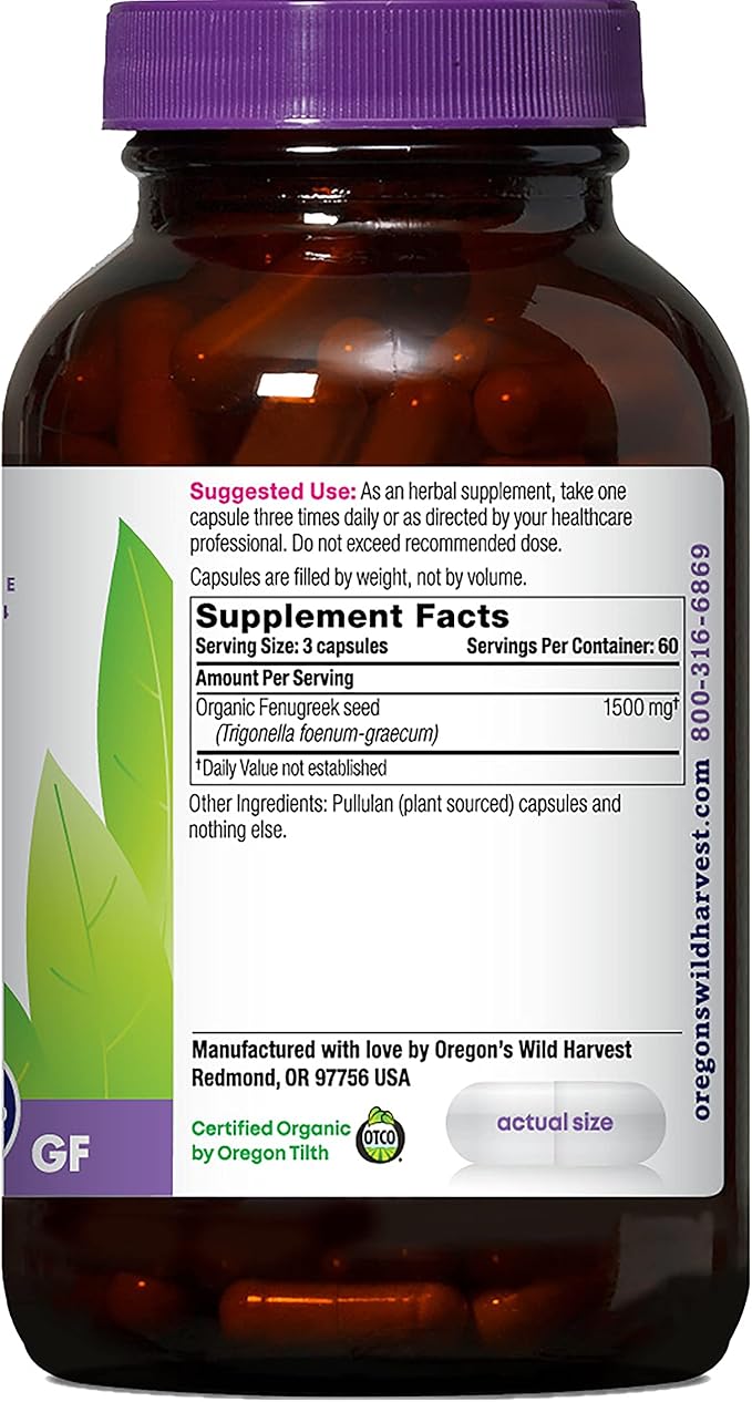 Oregon's Wild Harvest Organic Non-GMO Fenugreek Capsules Lactation Support Herbal Supplements for Optimal Breast Milk Production-180 Count
