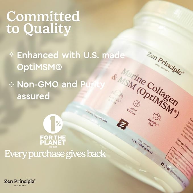 Zen Principle Hydrolyzed Marine Collagen Peptides Powder with OptiMSM® Supplement. Clinically Tested for Skin Support. Wild-Caught Fish Non-GMO. Container 16 oz