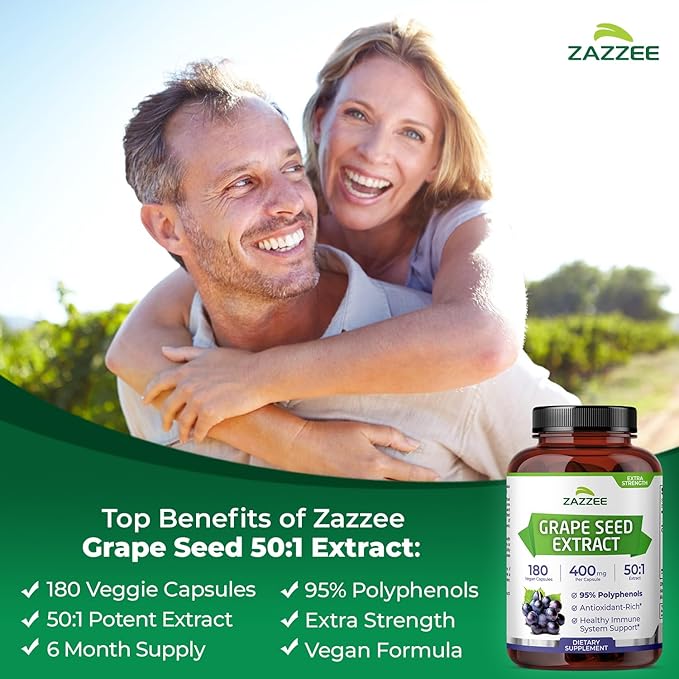 Zazzee High Strength Grape Seed 50:1 Extract 180 Vegan Capsules 95% Polyphenols 400 mg per Capsule 6 Month Supply Antioxidant Circulation &amp Blood Flow Support Non-GMO Made in the USA