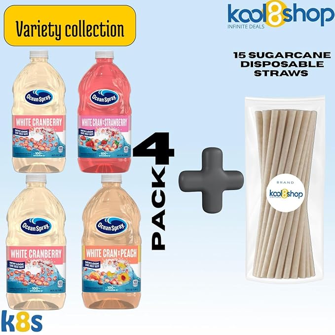 Ocean Spray Variety Pack White Cran Juice Drink Flavors May Vary 64 fl oz Plastic Bottles 4 Pack + 15 Sugarcane Disposable Straws by KOOL8SHOP Infinite Deals