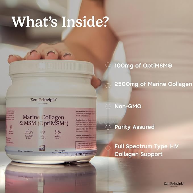 Zen Principle Hydrolyzed Marine Collagen Peptides Powder with OptiMSM® Supplement. Clinically Tested for Skin Support. Wild-Caught Fish Non-GMO. Container 16 oz